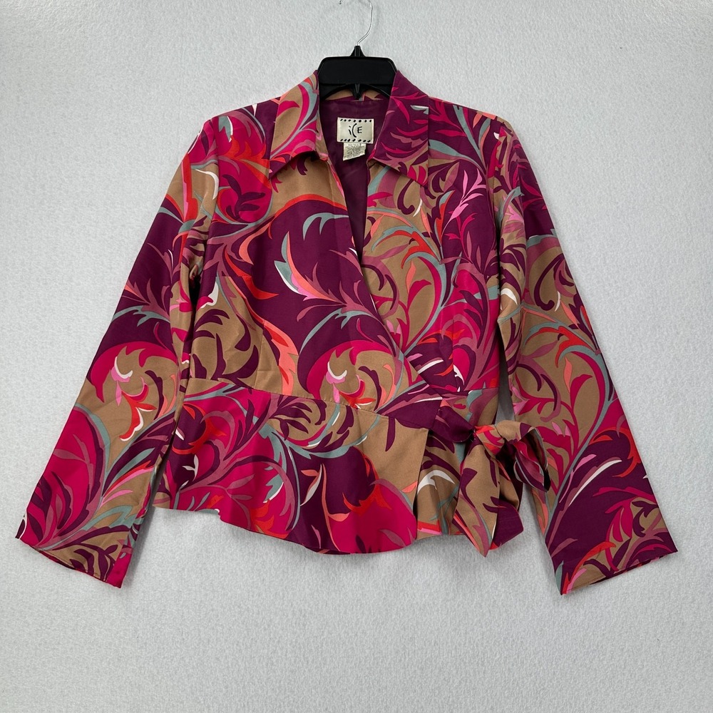 Ice Womens 100% Silk Pink Red Wrap‎ Blouse Floral Artsy Size 8